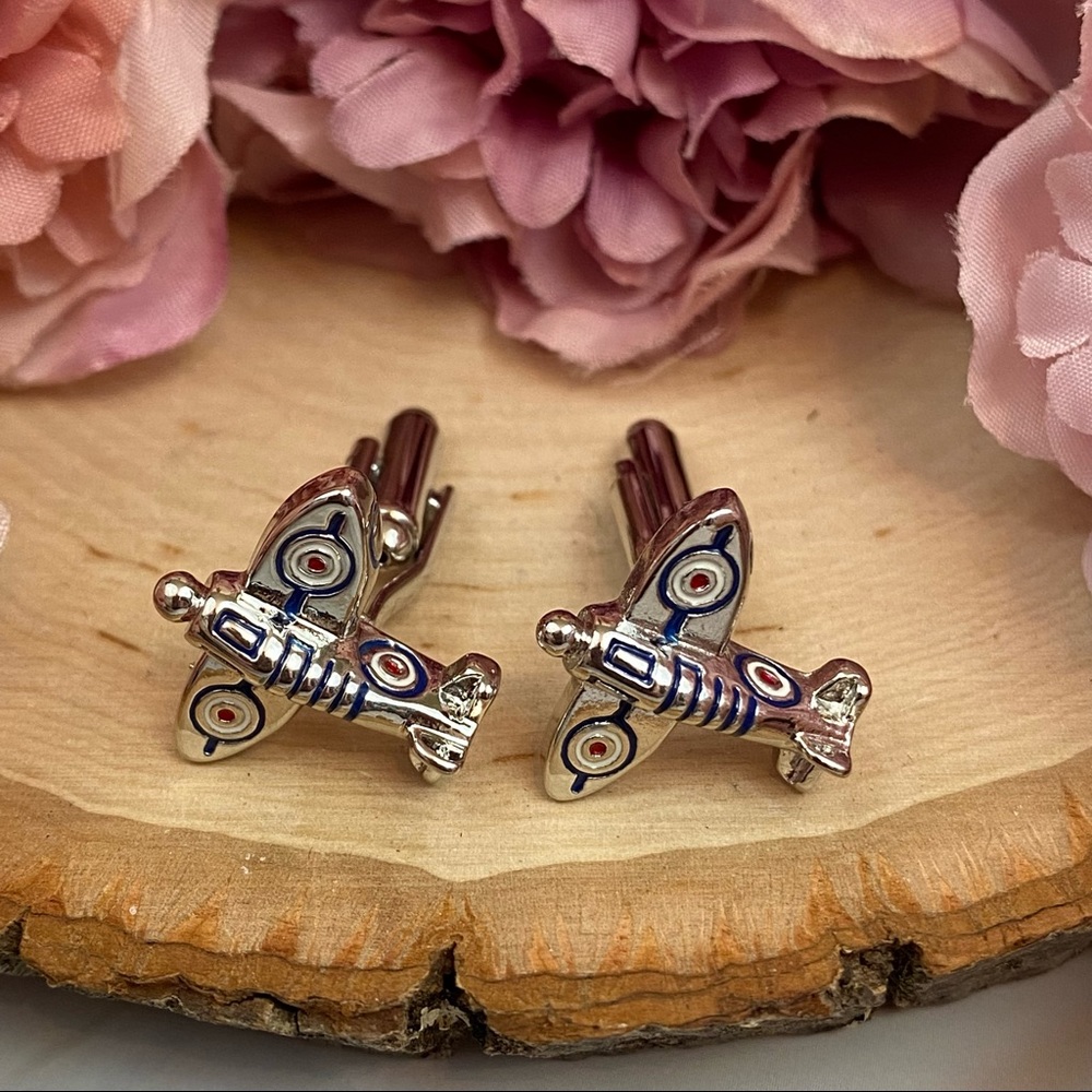 Silver Spitfire Military Airplane WWII Cufflinks - Picture 8 of 16
